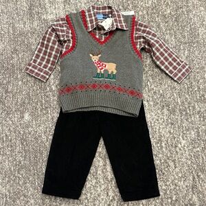 NWT GoodLad 3 piece Christmas reindeer appliqué vest, shirt, cord pants 18mo